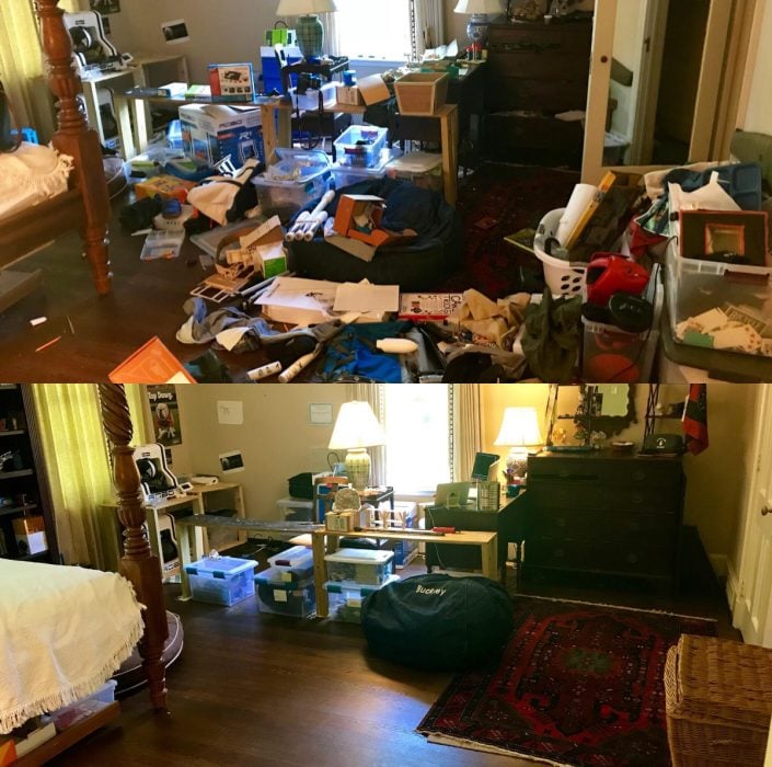 Imágenes del antes y el después de habitaciones desordenadas