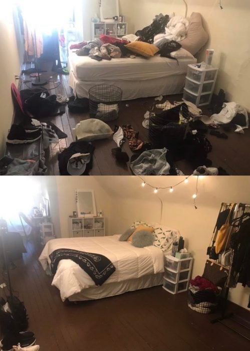 Imágenes de cuartos desordenados antes y después; dormitorio sucio con ropa tirada; cuarto limpio con luces de navidad en la pared