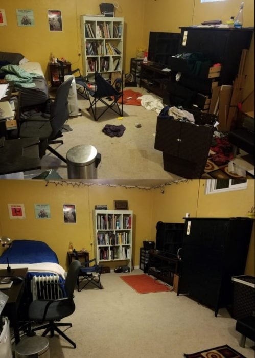 Imágenes de cuartos desordenados antes y después; dormitorio con tiradero; habitación ordenada