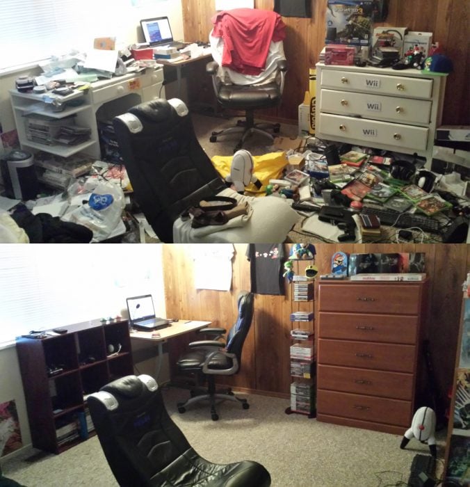 Imágenes de cuartos desordenados antes y después; oficina sucia con tiradero, videojuegos en el suelo y ropa apilada en la silla; habitación ordenada con cada cosa en su lugar