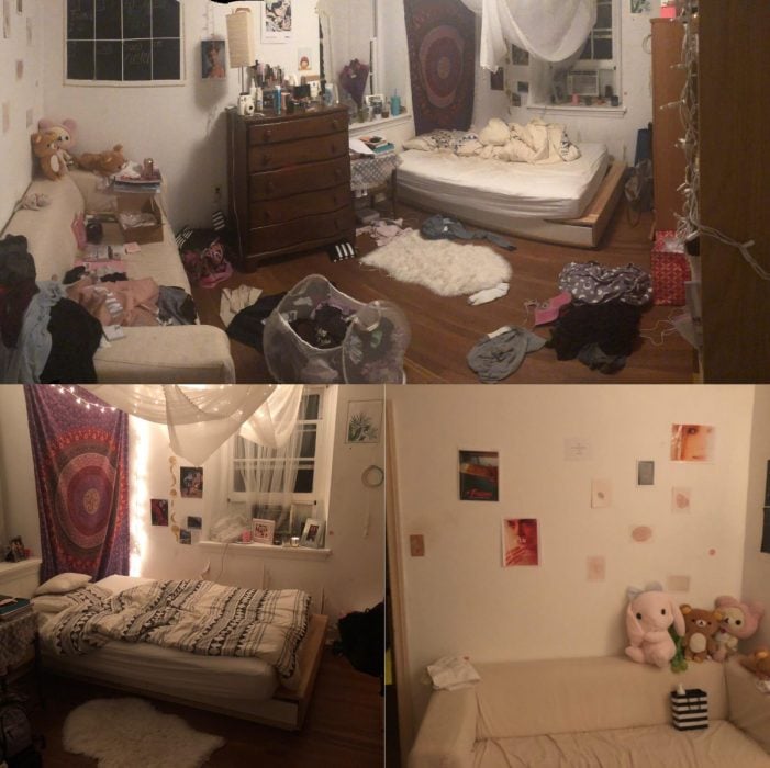 Imágenes de cuartos desordenados antes y después; dormitorio de chica desordenado con peluches tirados, cama destendida y ropa en el suelo; habitación ordenada