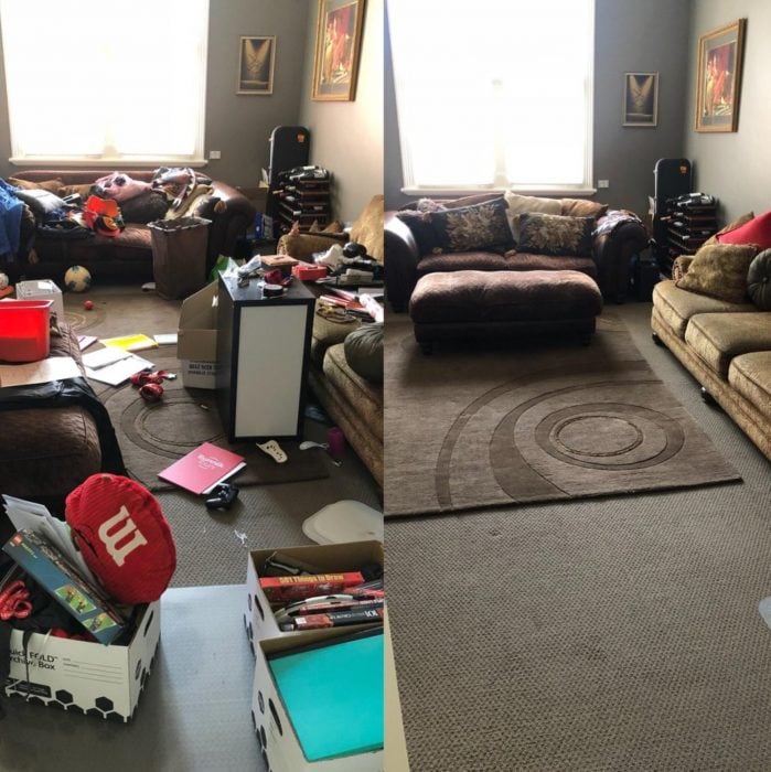 Imágenes de cuartos desordenados antes y después; sala de estar caótica y sucia; habitación limpia y espaciosa