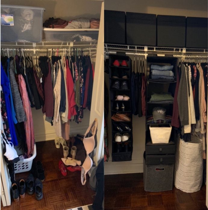 Imágenes de cuartos desordenados antes y después; clóset en desorden con ropa amontonada; armario ordenado y limpio