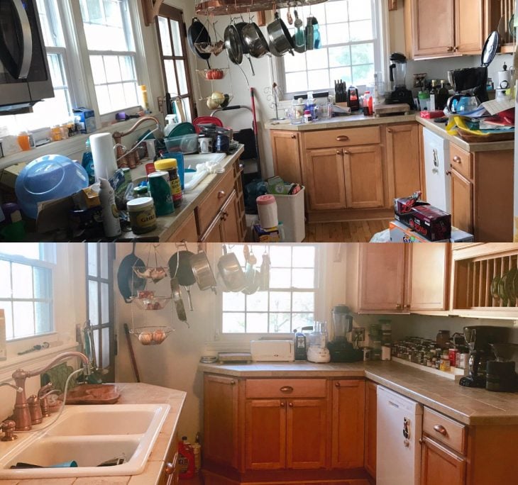Imágenes que muestran el antes y después de una cocina desordenada y después de hacer la limpieza