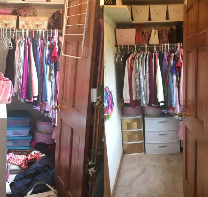 Imágenes de cuartos desordenados antes y después; clóset desordenado y con ropa en el suelo; armario ordenado y espacioso