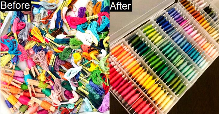 Imágenes de cuartos desordenados antes y después; hilos para tejer de colores sin orden y reburujados; hilaza en carrete y ordenadas por colores