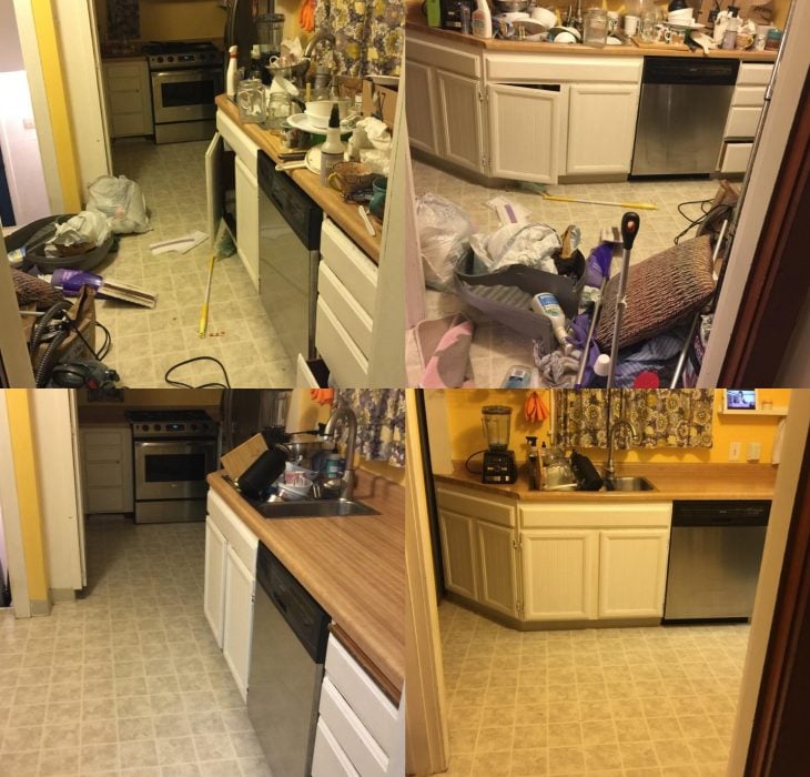 Imágenes de cuartos desordenados antes y después; cocina desordenada y tirada con trastes sucios; habitación para comer ordenada y limpia