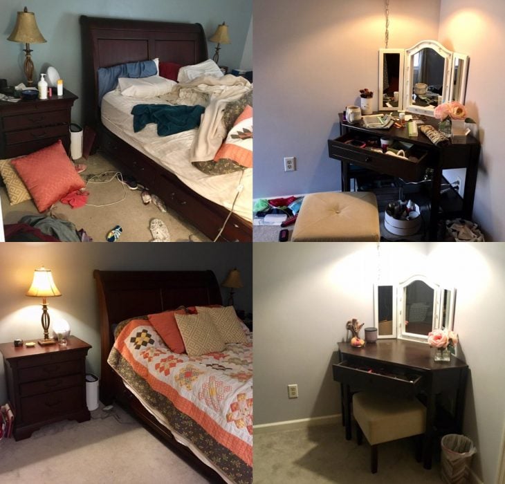 Imágenes de cuartos desordenados antes y después; dormitorio con cama destendida y ropa en el suelo; habitación limpia