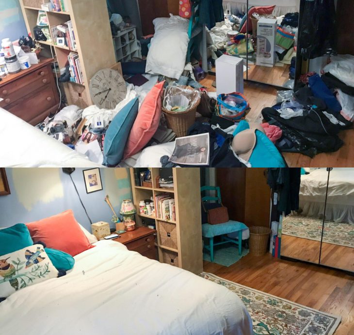 Imágenes de cuartos desordenados antes y después; dormitorio con ropa y objetos en el suelo; habitación de jóvenes limpia y ordenada