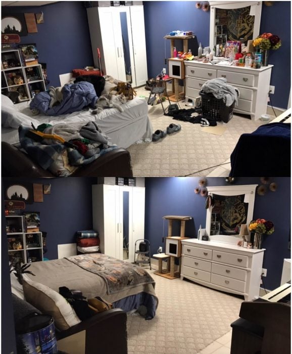 Imágenes de cuartos desordenados antes y después; dormitorio sucio y con ropa tirada; habitación ordenada con cada cosa en su lugar