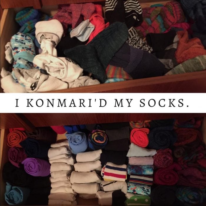 Imágenes de cuartos desordenados antes y después; cajón de calcetines ordenado con el método de Marie Kondo