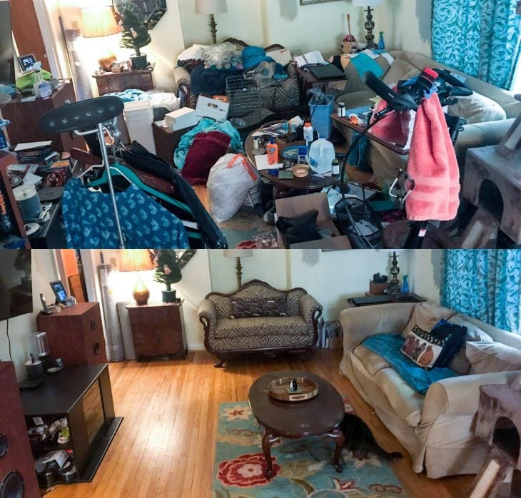 Imágenes de cuartos desordenados antes y después; sala de estar de un acumulador compulsivo después de ser limpiada y ordenada