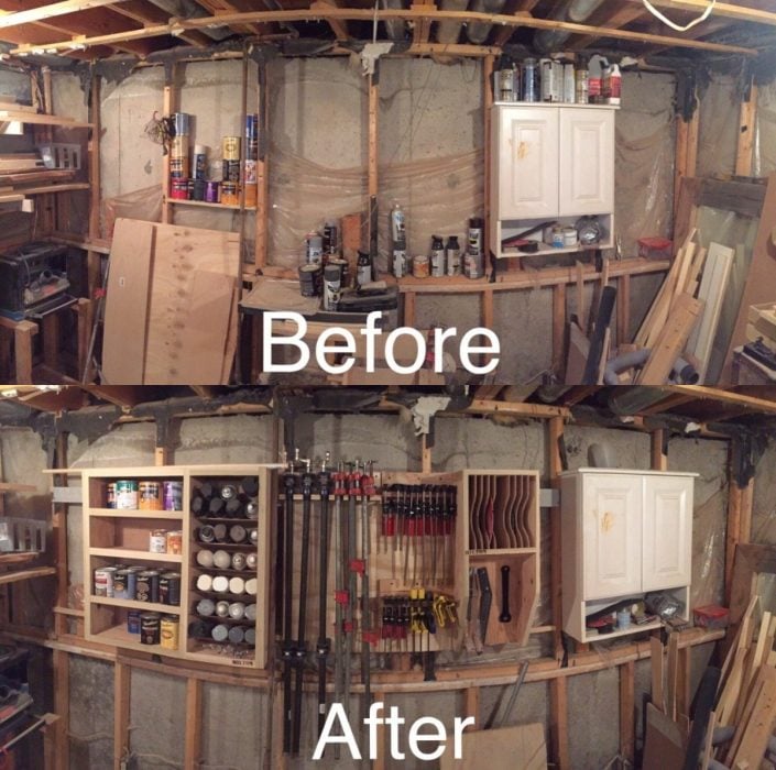 Imágenes de cuartos desordenados antes y después; taller sucio y con herramientas ordenadas en su lugar