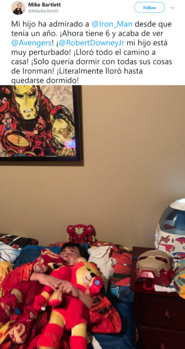 Papá comparte en Twitter que su hijo lloró hasta dormirse después de ver la muerte de Tony Stark en Avengers: Endgame; niño llora abrazando peluches de Iron Man