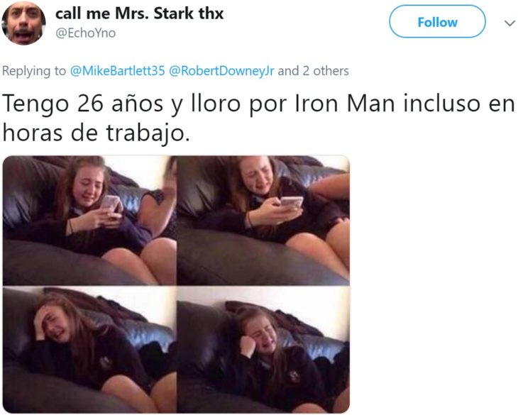 Papá comparte en Twitter que su hijo lloró hasta dormirse abrazado de sus juguetes de Iron Man después de ver la muerte de Tony Stark en Avengers: Endgame; meme de niña que llora en el sillón viendo su celular