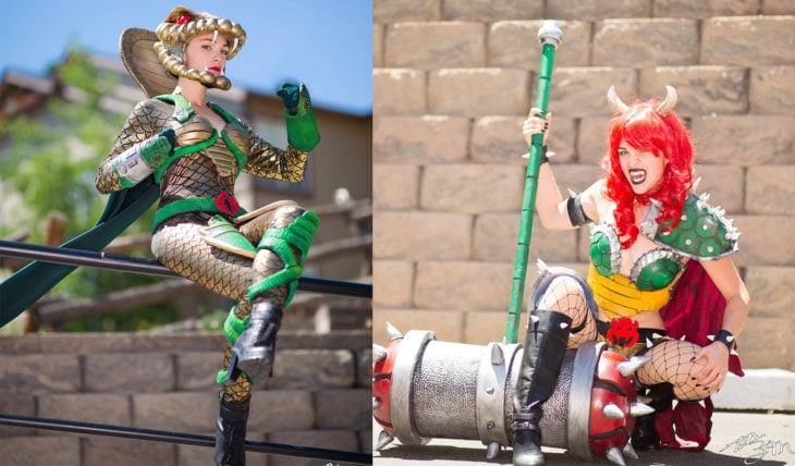 Chica vestida de cosplay de dos personajes diferentes. Serpentor y Browser de Mario Bros