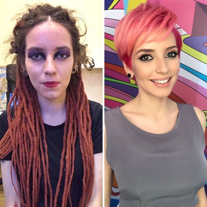 Mujer con rastas y con cabello corto; antes y después de maquillarse