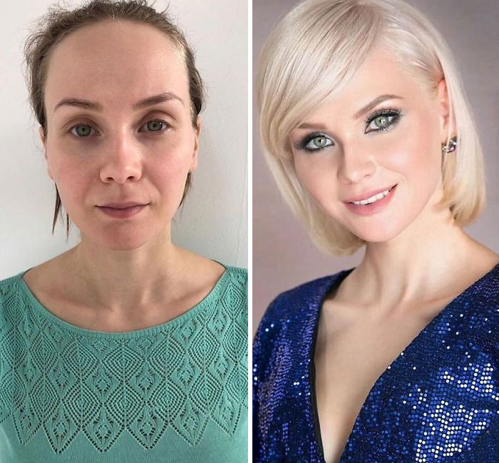 Mujer con blusa verde y blusa azul siendo comparada antes y después de ser maquillada