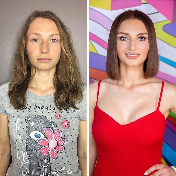 Mujer con blusa gris y vestido rojo siendo comparada antes y después de ser maquillada