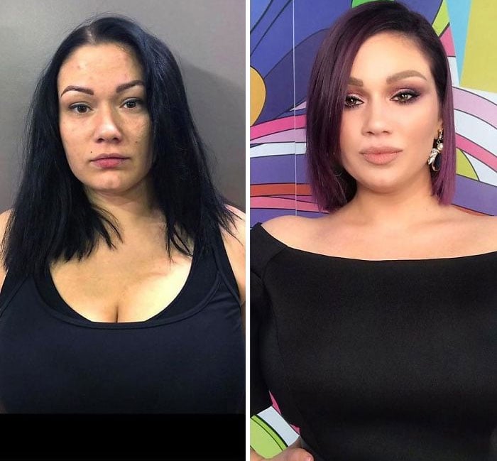 Mujer usando ropa oscura siendo comparada antes y después de ser maquillada