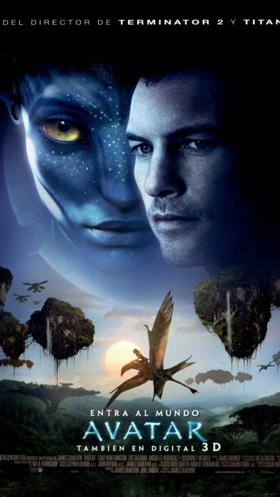 Poster de la película Avatar con escenas de la película y los personajes principales 