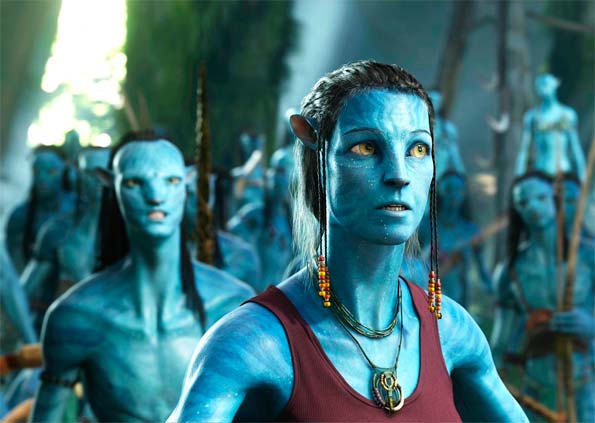 Scene from the movie Avatar.  Brown protagonists looking at a fixed point