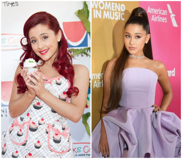 Ariana Grande con cabello rojo ycon cabello castaño posando durante un evento de alfombra