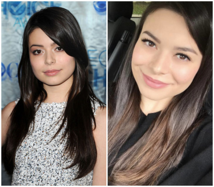  Miranda Cosgrove comparada cuando tenía cabello oscuro contra cabello castaño claro