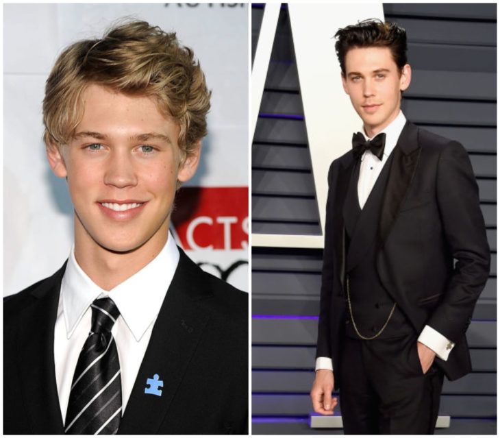 Austin Butler con cabello rubio y con cabello negro