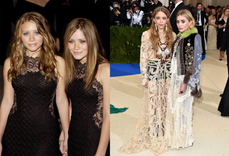 Mary Kate y Ashley Olsen en su juventud posando en una alfombra roja. A la izquierda las gemelas posando en la alfombra de la met gala 2018