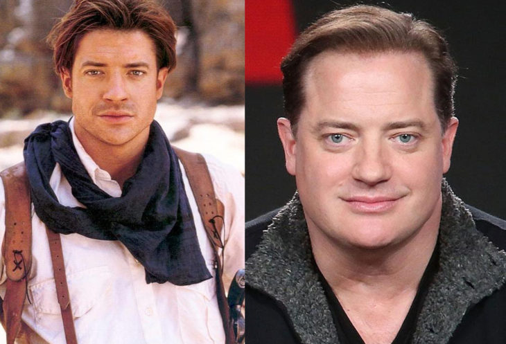 Brendan Fraser a la derecha interpretando a Rick O'connell en la película La Momia. A la izquierda dando una entrevista en un foro de Netflix 