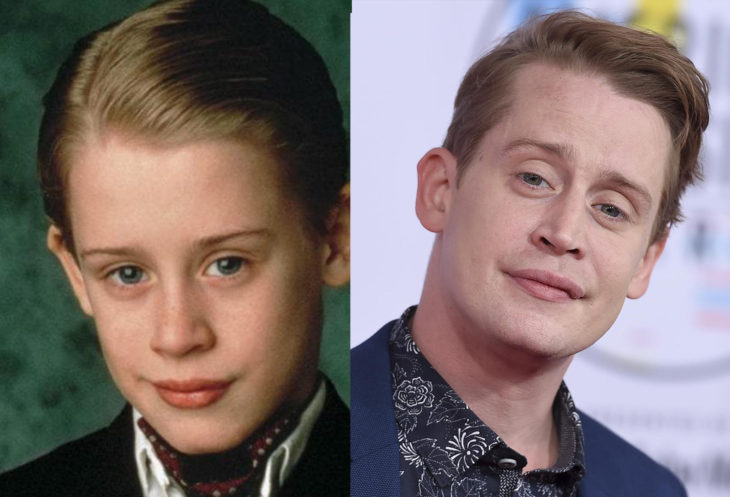 Macaulay Culkin a la derecha interpretando su papele de Ricky Ricón y a la izquieda posando en una alfombra roja durante un evento del 2018