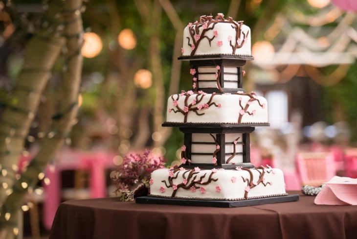 Ideas para fiesta de XV años con temática japonesa; pastel de tres pisos con flor de cerezo en forma de lámpara japonesa