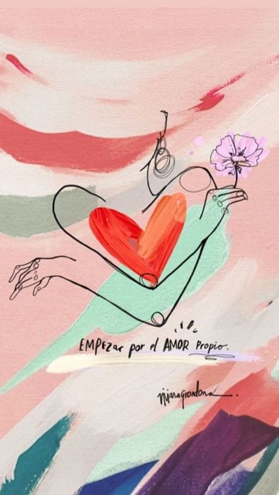 Fondo de pantalla de frases para celular; wallpaper de dibujo de mujer con flor y corazón