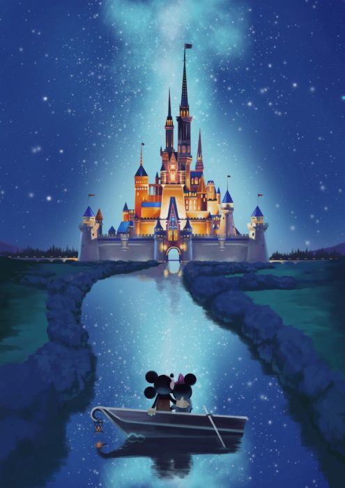 Fondo de pantalla para celular de Disney; wallpaper de castillo con Minnie y Mickey en un bote en el río