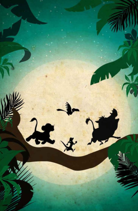 Fondo de pantalla para celular de Disney; wallpaper de siluetas de Simba, Timón, Pumba y Zazú cuando cantan Hakuna Matata