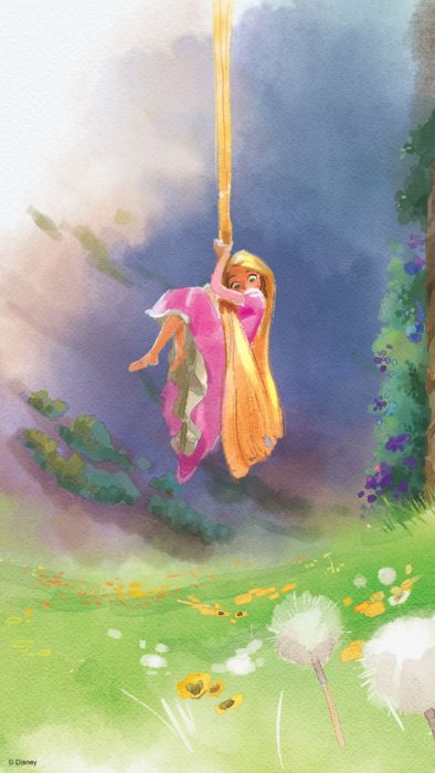 Fondo de pantalla para celular de Disney; wallpaper de pintura de acuarela de Rapunzel colgada de su cabello