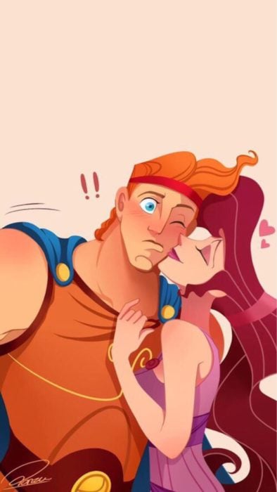 Fondo de pantalla para celular de Disney; wallpaper de Megara dando un beso en el cachete a Hércules