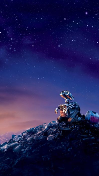 Fondo de pantalla para celular de Disney; wallpaper de Wall-E mirando triste el cielo sobre una montaña de casura