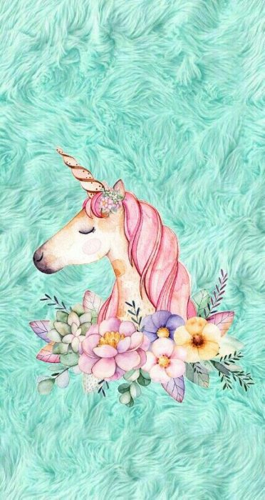 Fondo de pantalla para celular con un dibujo de unicornio rodeado de flores y terciopelo verde