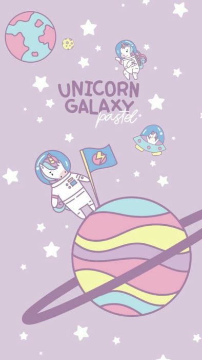 Fondo de pantalla para celular con unicornio vestido de astronauta sobre un planeta de colores pastel