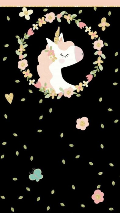 Fondo de pantalla para celular con dobujo de unicornio rodeado de flores claras en fondo negro