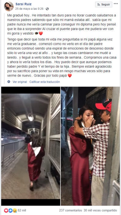 Comentario en Facebook de Saraí Ruiz para agradecer a su padre cuando cruzó la frontera entre México y Estados Unidos 
