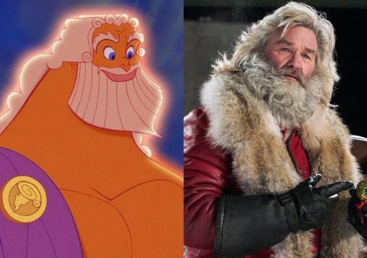 Versión live action de película de Disney, Hércules; actor de Crónicas de Navidad, Kurt Russell con barba y vestido de Santa Claus, interpreta a Zeus, dios del trueno