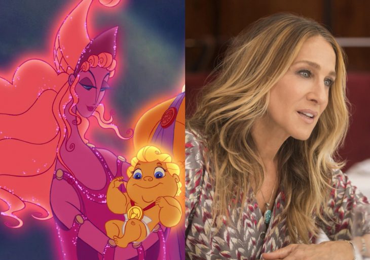 Versión live action de película de Disney, Hércules; actriz de cara larga, Sarah Jessica Parker como Hera, esposa de Zeus