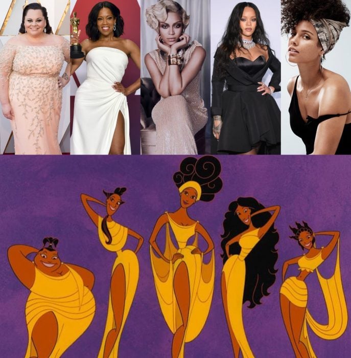 Versión live action de película de Disney, Hércules; actrices y cantantes Keala Settle, Regina King, Beyoncé, Rihanna y Alicia Keys como Las musas