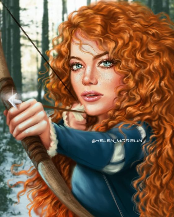 Ilustración de Emma Stone como Mérida en Valiente, Disney princesas, Helen Morgun