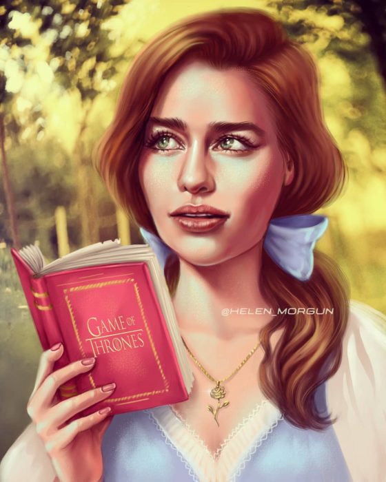 Ilustración de Emilia Clarke como Bella, La Bella y la Bestia, Disney princesas, Helen Morgun