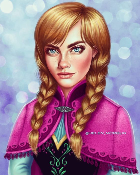 Ilustración de Cara Delevigne como Anna, Frozen, Disney princesas, Helen Morgun