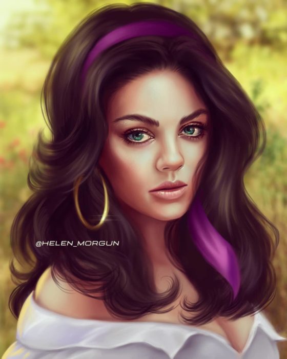 Ilustración de Mila Kunis como Esmeralda, El jorobado de notredam , Disney princesas, Helen Morgun